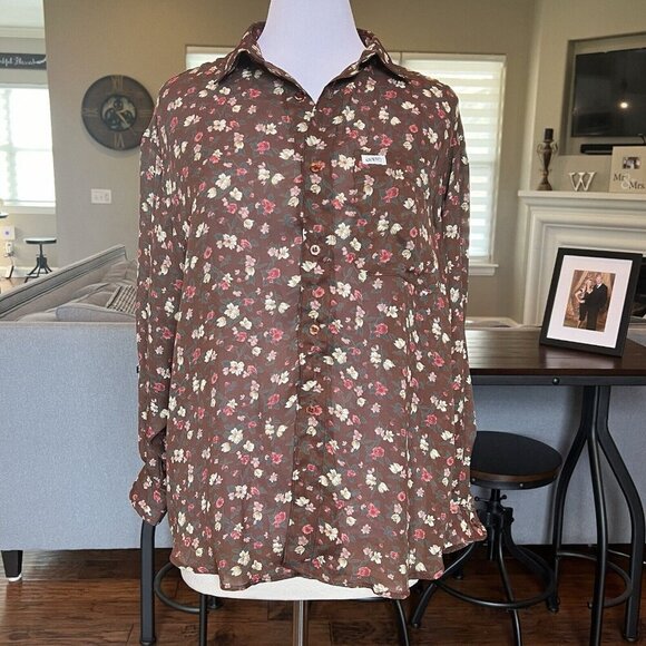 Vtg 90's GUESS Sheer Blouse Medium Brown Floral Print Button Front Shirt USA - Picture 1 of 10